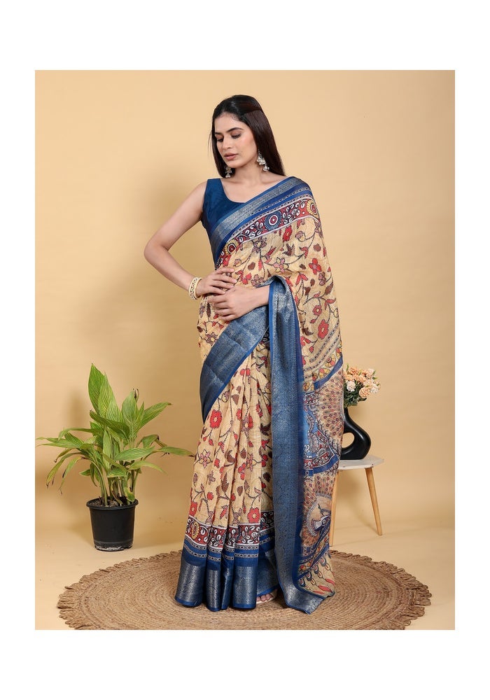 Malishka Export Artistic Brown & Teal Motif Linen Cotton Saree for Women - Image 1